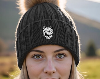 West Highland White Terrier Westie Clothing Gifts, Faux Fur Pom Pom Chunky Knit Super Soft Unisex Embroidered Beanie From The House Of Dog