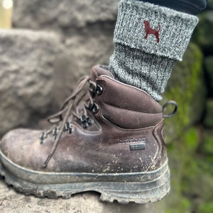 May include: Brown leather hiking boots with a gray wool sock featuring a red embroidered dog. The boots have a black label that reads "brasher" and "Waterproof".
