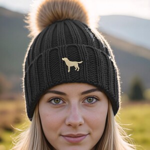 Yellow Labrador Owner Gift, Clothing Gifts, Faux Fur Pom Pom Chunky Knit Super Soft Embroidered Beanie.