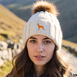 Vizsla Owner Clothing Gifts, Faux Fur Pom Pom Chunky Knit Super Soft Unisex Embroidered Beanie From The House Of Dog.