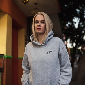 May include: A woman wearing a gray hooded sweatshirt with a black dog silhouette on the front. She is standing in front of a building with a streetlight above her.