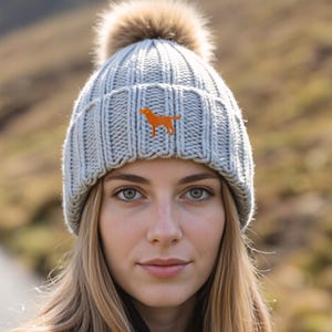 Fox Red Labrador Owner Gift Clothing Gifts, Faux Fur Pom Pom Chunky Knit Super Soft Unisex Embroidered Beanie From The House Of Dog.