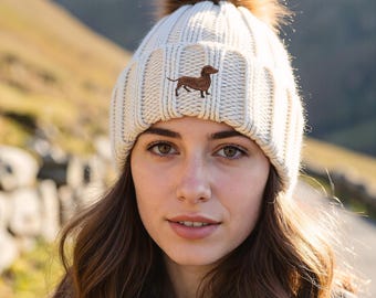 Dachshund Sausage Dog Owner Clothing Gifts, Faux Fur Pom Pom Chunky Knit Super Soft Unisex Embroidered Beanie From The House Of Dog.