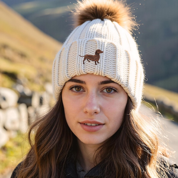 Dachshund Sausage Dog Owner Clothing Gifts, Faux Fur Pom Pom Chunky Knit Super Soft Unisex Embroidered Beanie From The House Of Dog.