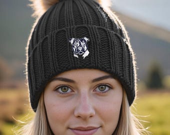 Staffordshire Bull Terrier Staffy Owner Clothing Gifts, Faux Fur Pom Pom Chunky Knit Unisex Embroidered Beanie From The House Of Dog.