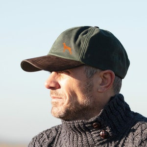 Vizsla Owners Clothing Gifts, Waxed Cotton Leather Peak Waterproof Baseball Cap From The House Of Dog.