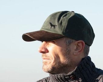 Black Labrador Gifts, Waxed Cotton Leather Peak Waterproof Baseball Cap.
