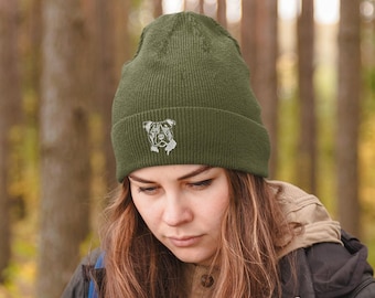 Staffy, Staffordshire Bull Terrier Owner Gifts, Beanie Ski Hat With Unique Embroidered Design From The House Of Dog From The House Of Dog.