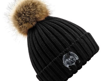 Shih Tzu Owner Clothing Gifts, Faux Fur Pom Pom Chunky Knit Super Soft Unisex Embroidered Beanie From The House Of Dog.