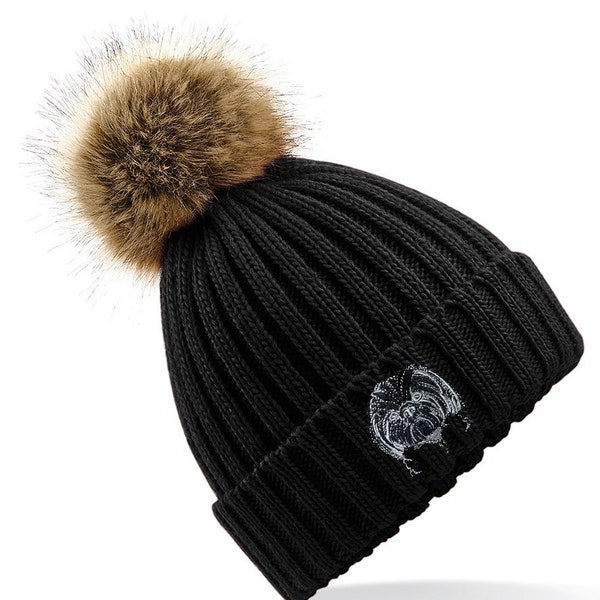 Shih Tzu Owner Clothing Gifts, Faux Fur Pom Pom Chunky Knit Super Soft Unisex Embroidered Beanie From The House Of Dog.