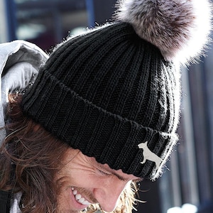 Bull Terrier Owner Clothing Gifts, Faux Fur Pom Pom Chunky Knit Super Soft Embroidered Beanie From The House Of Dog.