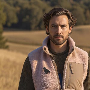 May include: A light pink fleece vest with a brown patch pocket and a black dog silhouette. The vest is zipped up and worn over a green sweater. The person is wearing dark blue jeans and holding a leash.