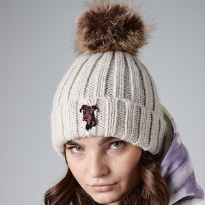 Dobermann owner clothing gifts, faux fur pom pom chunky knit super soft unisex embroidered beanie from the house of dog.