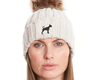 Dobermann owner clothing gifts, faux fur pom pom chunky knit super soft unisex embroidered beanie from the house of dog.