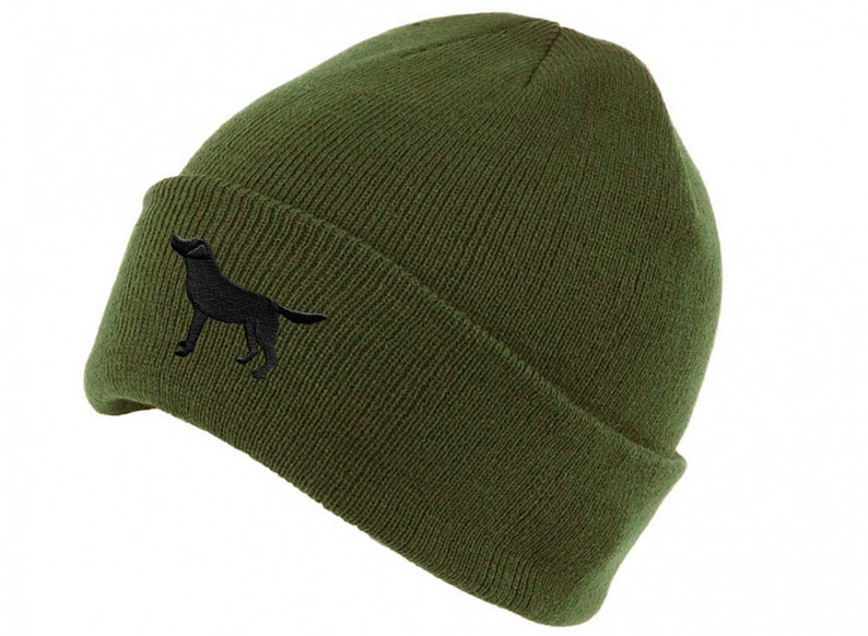 May include: A green knitted beanie with a black embroidered silhouette of a dog on the side.