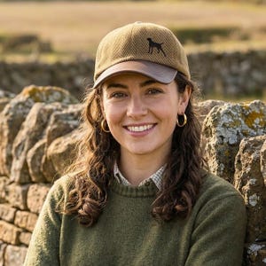 Puede incluir: Gorra de béisbol de tweed marrón con visera de cuero y silueta de perro negro. La persona lleva un jersey verde y pendientes de aro dorados. El fondo presenta un muro de piedra.