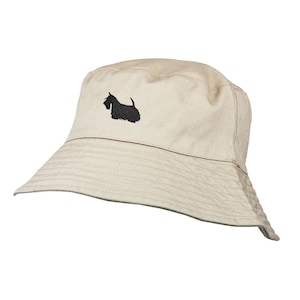 Presentes da roupa do proprietário de Terrier Scottie do Scottish. Chapéu de sol balde bordado 100% algodão chino com forro de algodão branco da House Of Dog.