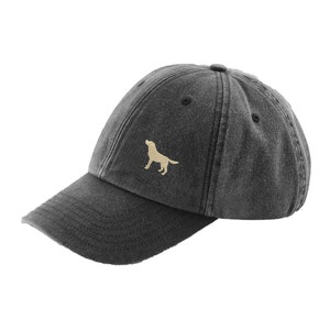 Golden Yellow Labrador Owner Gift. Distressed Vintage Washed 100% Heavyweight Brushed Cotton Embroidered 6 Panel Low Profile Baseball Cap Black