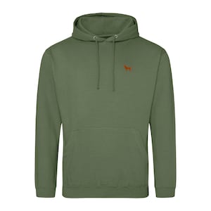 May include: A green hooded sweatshirt with a small orange dog silhouette embroidered on the chest.