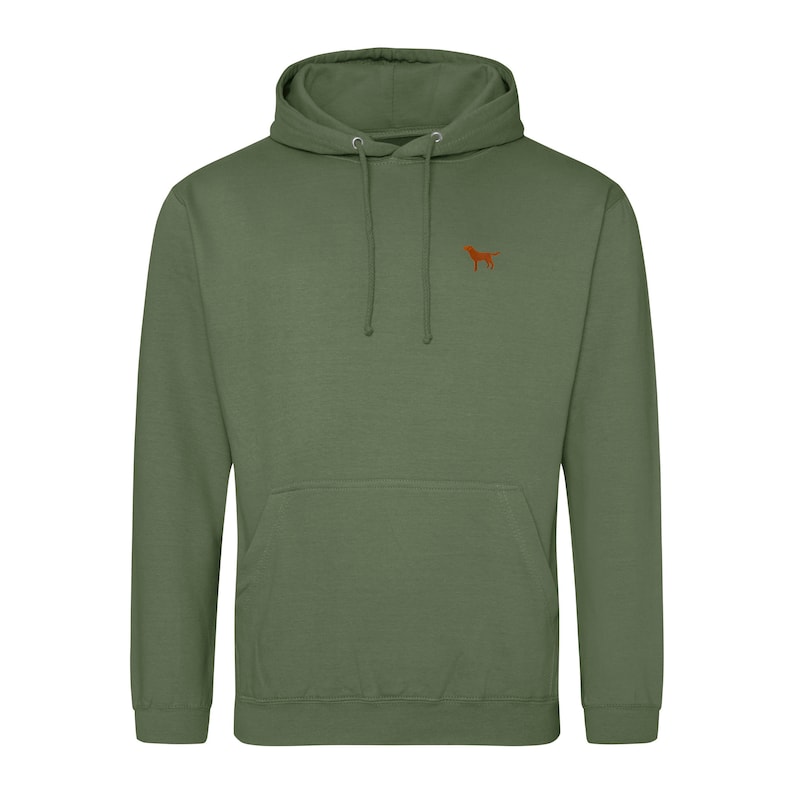 May include: A green hooded sweatshirt with a small orange dog silhouette embroidered on the chest.
