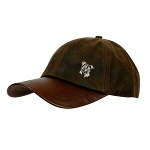 May include: A brown waxed cotton baseball cap with a leather brim and a small embroidered dog design on the front.