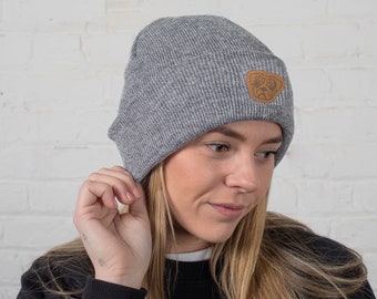 Pug Gifts, Beanie Ski Hat With Sewn On, Laser Etched Badge.