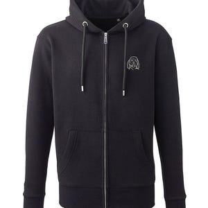 May include: Black zippered hoodie with a small embroidered dog design on the left chest.