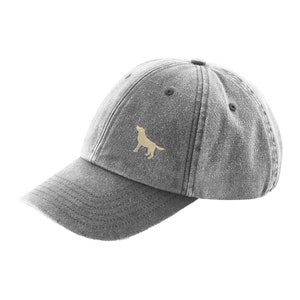 Golden Yellow Labrador Owner Gift. Distressed Vintage Washed 100% Heavyweight Brushed Cotton Embroidered 6 Panel Low Profile Baseball Cap Gray