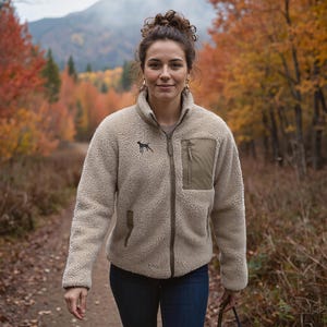 May include: A beige fleece jacket with a high collar and a front zipper. The jacket has a small black dog silhouette embroidered on the chest and a khaki-colored pocket. The person is wearing blue jeans and is walking on a path in a forest.