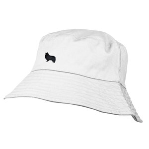 Sheltie Shetland sheepdog Owner Clothing Gifts.  Chino Cotton Embroidered Bucket Sun Hat With White Cotton Lining From The House Of Dog.