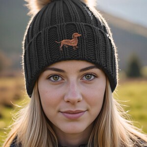 Dachshund Sausage Dog Owner Clothing Gifts, Faux Fur Pom Pom Chunky Knit Super Soft Unisex Embroidered Beanie From The House Of Dog. image 4