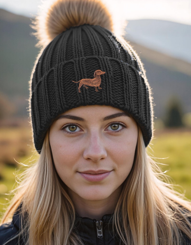 Dachshund Sausage Dog Owner Clothing Gifts, Faux Fur Pom Pom Chunky Knit Super Soft Unisex Embroidered Beanie From The House Of Dog. image 4