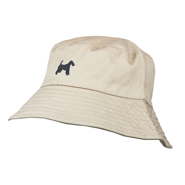 Fox Terrier Clothing Gifts. 100% Washed Chino Cotton Embroidered Bucket Sun Hat With White Cotton Lining From The House Of Dog.