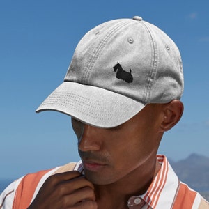 Scottie Dog Scottish Terrier Owner Gift. Distressed Vintage Washed Heavyweight Brushed Cotton Embroidered 6 Panel Low Profile Baseball Cap.