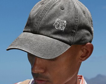 The House Of Dog: English Bulldog Owner Gift. Distressed Vintage Washed 100% Heavyweight Brushed Cotton Embroidered Low Profile Baseball Cap