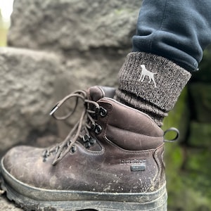 May include: Brown leather hiking boots with a black rubber sole and a brown wool sock with a white dog logo. The brand name "brasher" is visible on the boot.