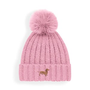 Dachshund Sausage Dog Owner Clothing Gifts, Faux Fur Pom Pom Chunky Knit Super Soft Unisex Embroidered Beanie From The House Of Dog. Pink