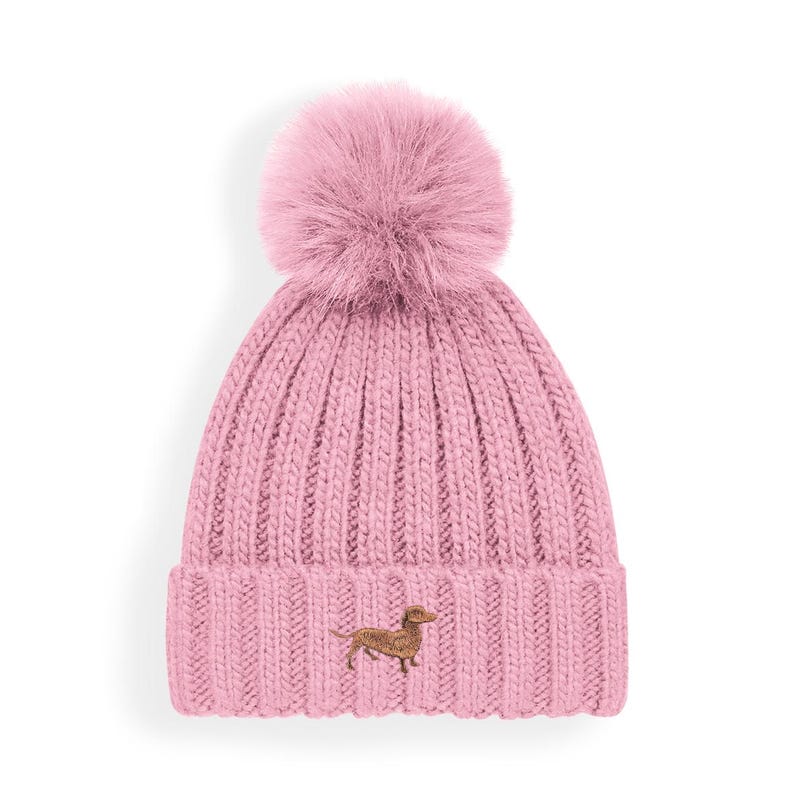 Dachshund Sausage Dog Owner Clothing Gifts, Faux Fur Pom Pom Chunky Knit Super Soft Unisex Embroidered Beanie From The House Of Dog. Pink