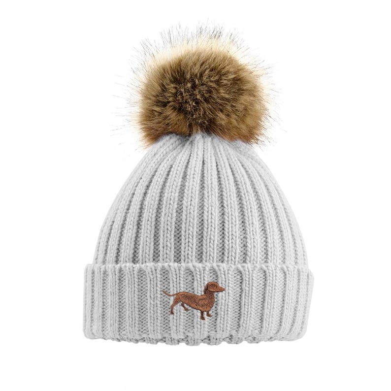 Dachshund Sausage Dog Owner Clothing Gifts, Faux Fur Pom Pom Chunky Knit Super Soft Unisex Embroidered Beanie From The House Of Dog. Gray