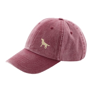 Golden Yellow Labrador Owner Gift. Distressed Vintage Washed 100% Heavyweight Brushed Cotton Embroidered 6 Panel Low Profile Baseball Cap Burgundy