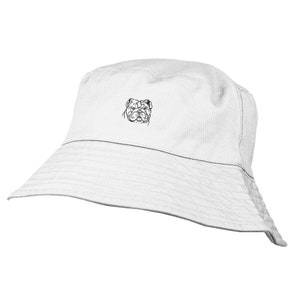 Regalos de ropa para dueños de bulldog inglés. Sombrero de sol de cubo bordado de algodón chino 100% lavado con forro de algodón blanco de la casa del perro.