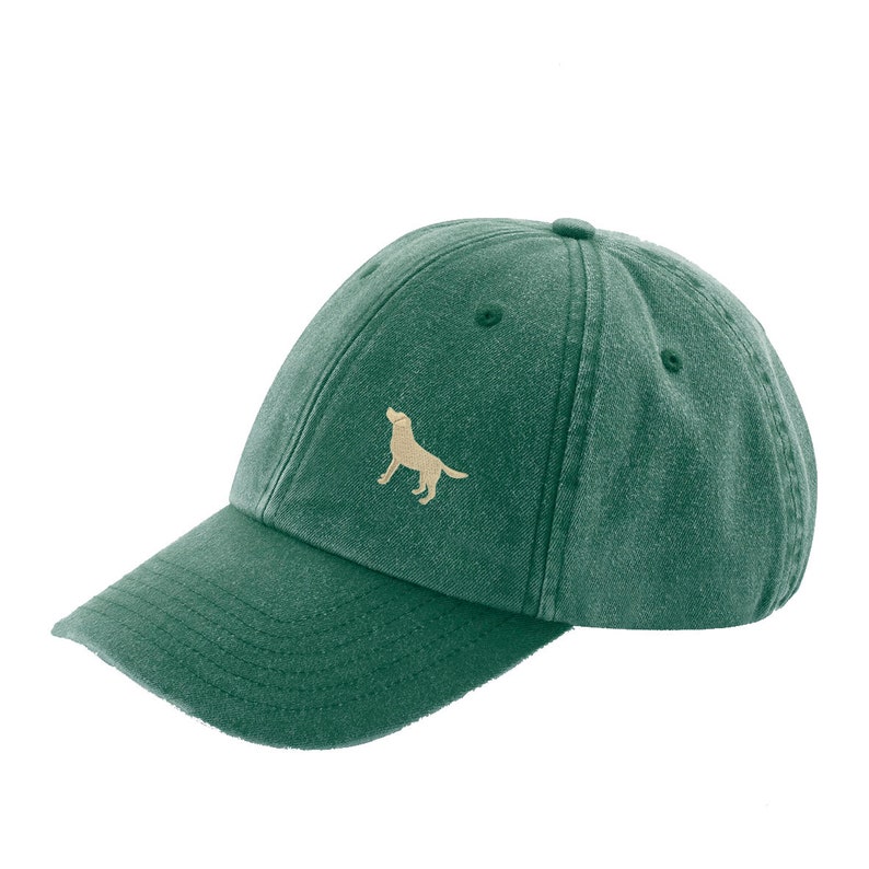 Golden Yellow Labrador Owner Gift. Distressed Vintage Washed 100% Heavyweight Brushed Cotton Embroidered 6 Panel Low Profile Baseball Cap Green