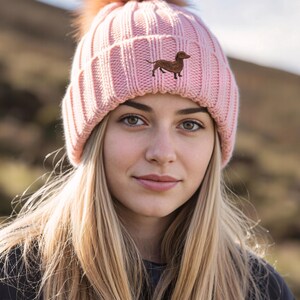 Dachshund Sausage Dog Owner Clothing Gifts, Faux Fur Pom Pom Chunky Knit Super Soft Unisex Embroidered Beanie From The House Of Dog. image 3