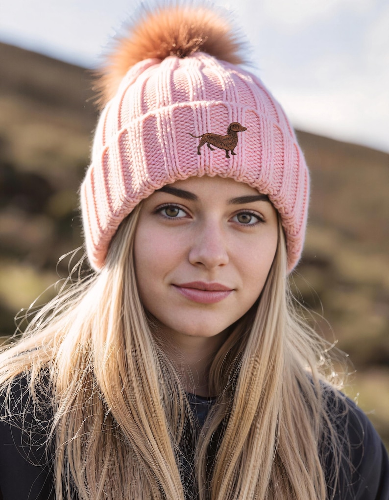 Dachshund Sausage Dog Owner Clothing Gifts, Faux Fur Pom Pom Chunky Knit Super Soft Unisex Embroidered Beanie From The House Of Dog. image 3