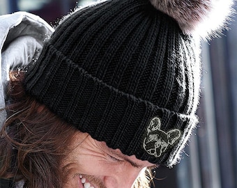 Frenchie, French Bulldog Clothing Gifts, Faux Fur Pom Pom Chunky Knit Super Soft Unisex Embroidered Beanie.