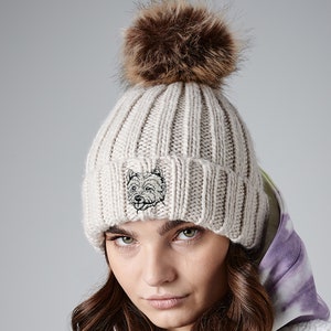 West Highland Terrier Owner Westie Clothing Gifts, Faux Fur Pom Pom Chunky Knit Super Soft Unisex Embroidered Beanie From The House Of Dog