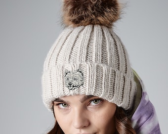 West Highland Terrier Owner Westie Clothing Gifts, Faux Fur Pom Pom Chunky Knit Super Soft Unisex Embroidered Beanie From The House Of Dog