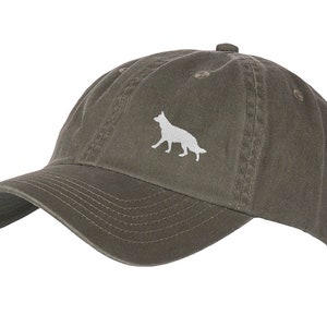 German Shepherd Owner Silhouette Clothing Gifts. 100% Washed Chino Cotton Embroidered 6 Panel Baseball Cap Hat From The House Of Dog.