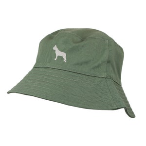 Boston Terrier Owner Clothing Gifts. 100% Washed Chino Cotton Embroidered Bucket Sun Hat With White Cotton Lining From The House Of Dog.