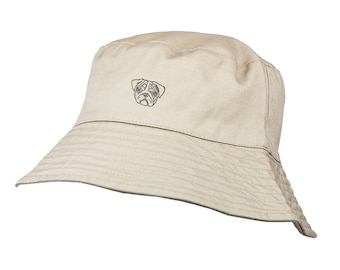 Pug Owner Clothing Gifts. 100% Washed Chino Cotton Embroidered Bucket Sun Hat With White Cotton Lining From The House Of Dog.